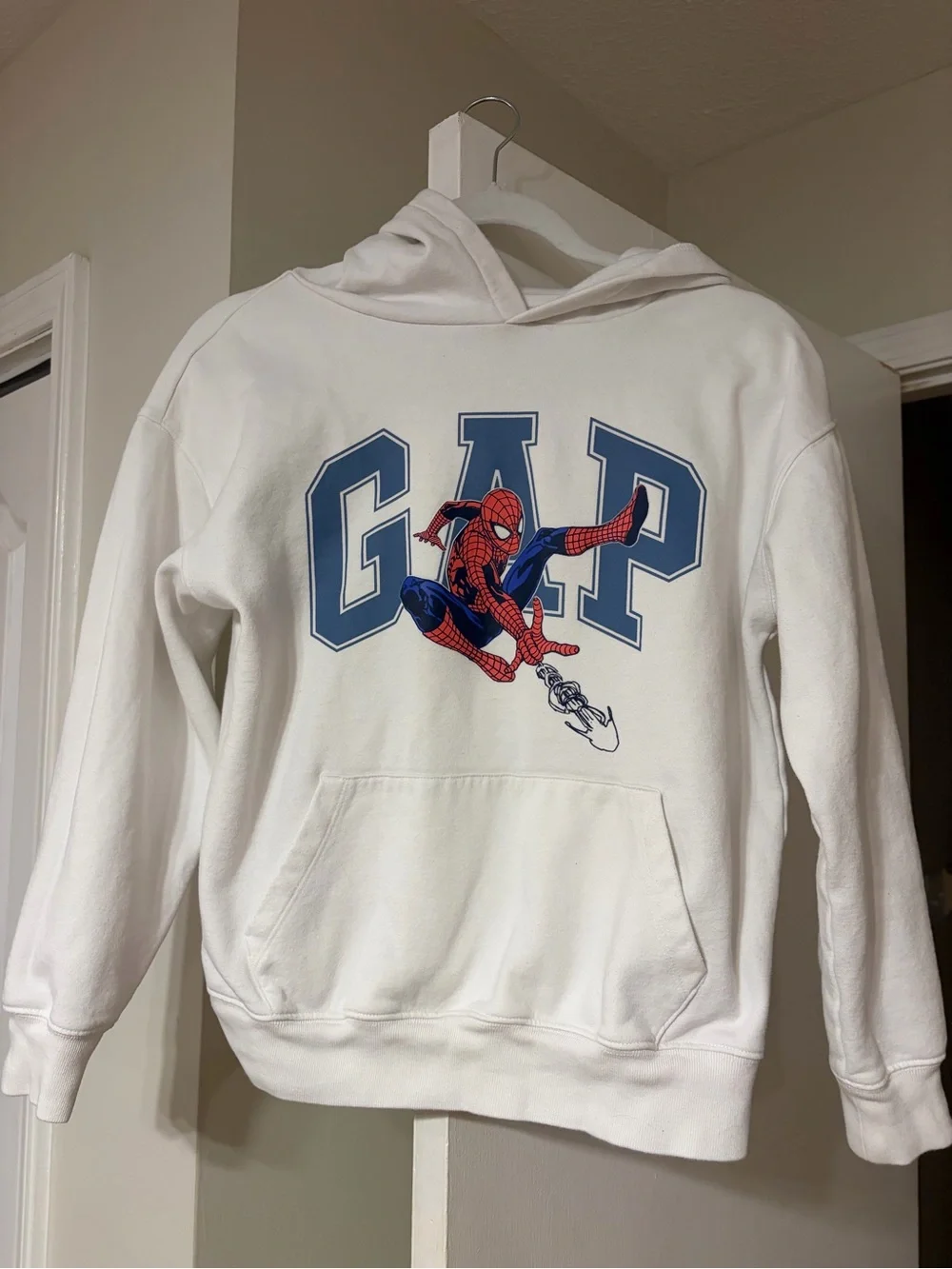 GAP White Kids Hoodie with Blue Logo and Red Spider-Man